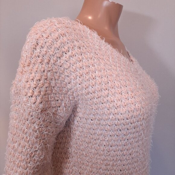 Silvian Heach Denim Fuzzy Peach Knit Vneck Sweater Womens Size XS Pink - Picture 7 of 10